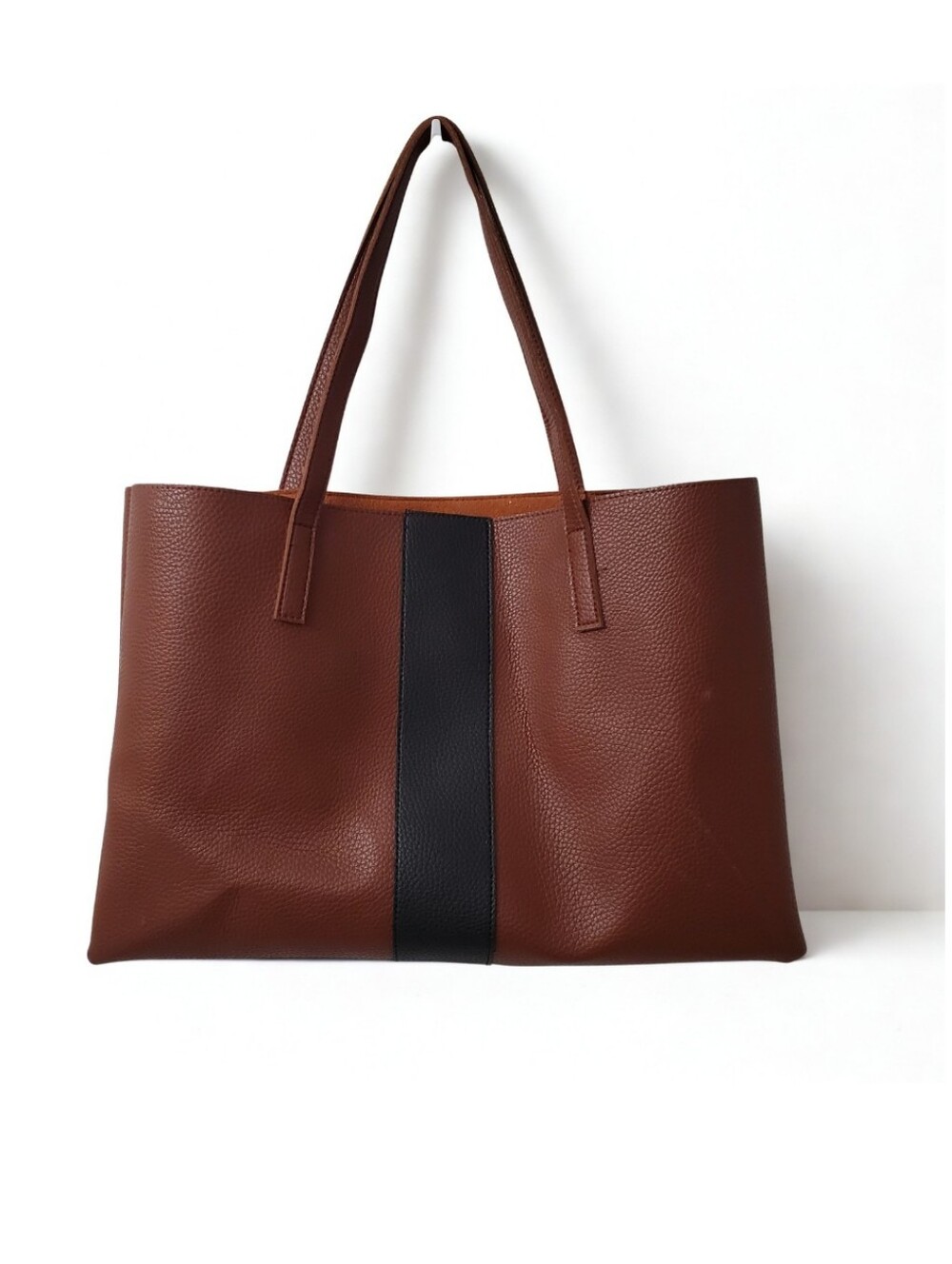 Vince Camuto Brown Pebbled Vegan Leather Tote with Black Center Stripe